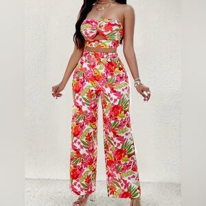 Floral Bandeau Crop Top & Wide Leg Pants Set - Pink/Red